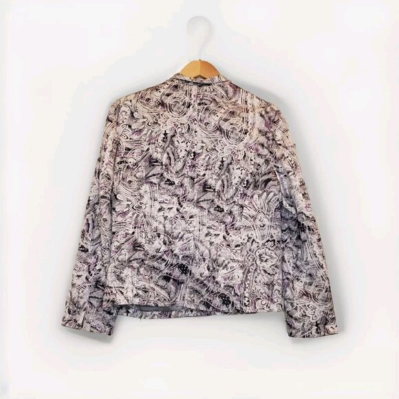 Chico's Parmenia Jacket Purple Pretty Print Silk Beaded Appliques Size 2 Large - Picture 2 of 16